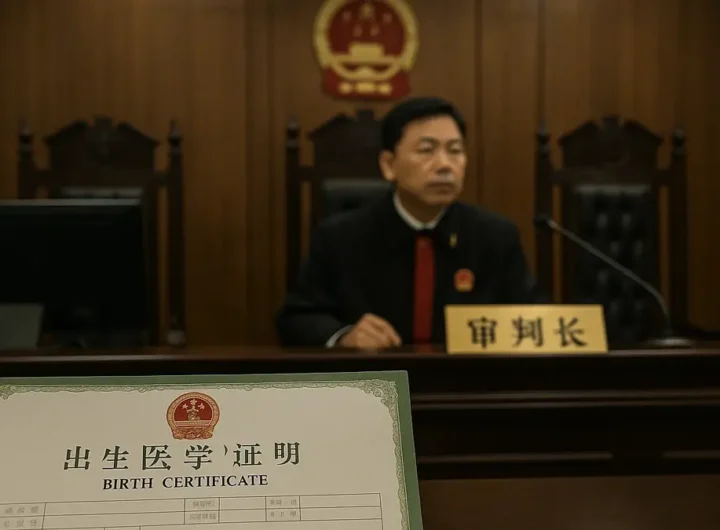 Aula di tribunale cinese con giudice che tiene in mano un certificato di nascita