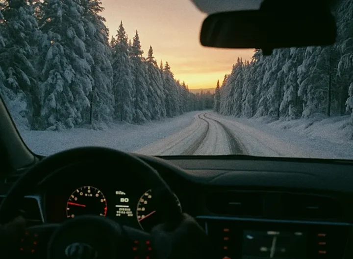 Auto che percorre in sicurezza una strada innevata in inverno