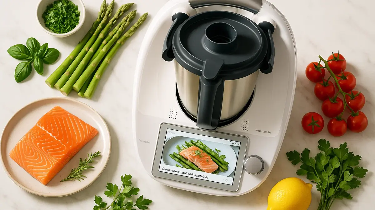 Bimby TM6 sul piano di lavoro di una cucina moderna circondato