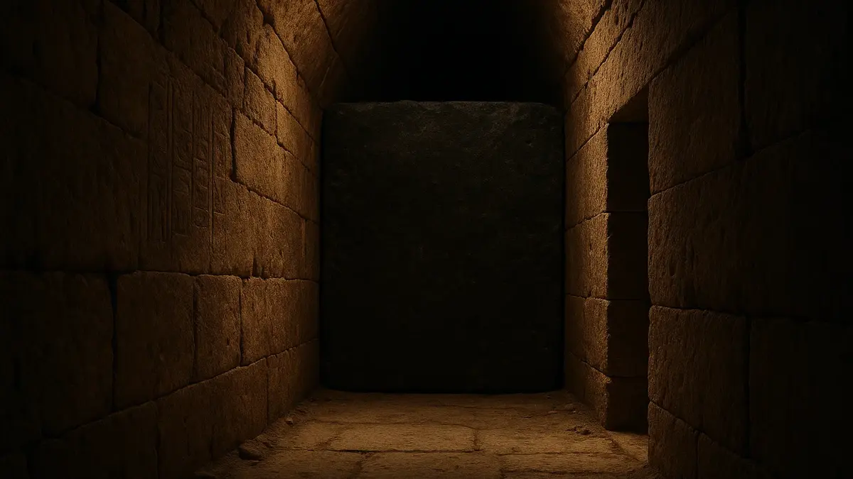 Blocco di pietra di granito che sigilla il corridoio di una tomba egizia nella Valle dei Re
