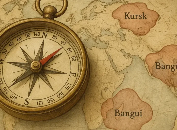 Bussola che punta in direzioni diverse su mappa del mondo con zone di anomalia magnetica evidenziate