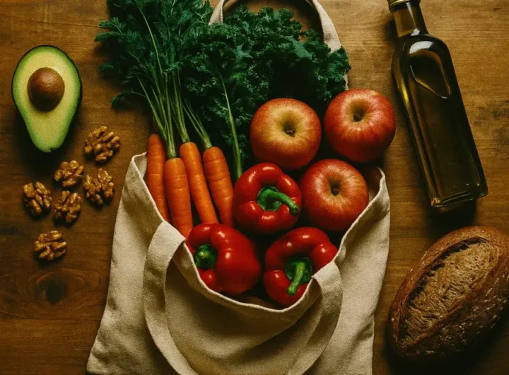 Carrello della spesa traboccante di frutta e verdura fresca e colorata