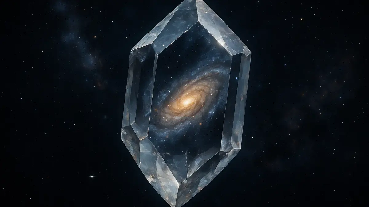 Cristallo di zircone che riflette la galassia a spirale della Via Lattea
