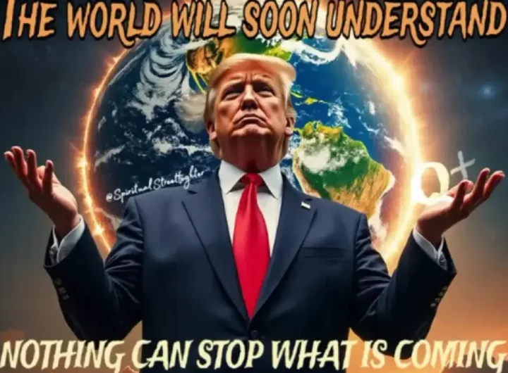 Donald Trump con le mani alzate davanti a un mappamondo stilizzato