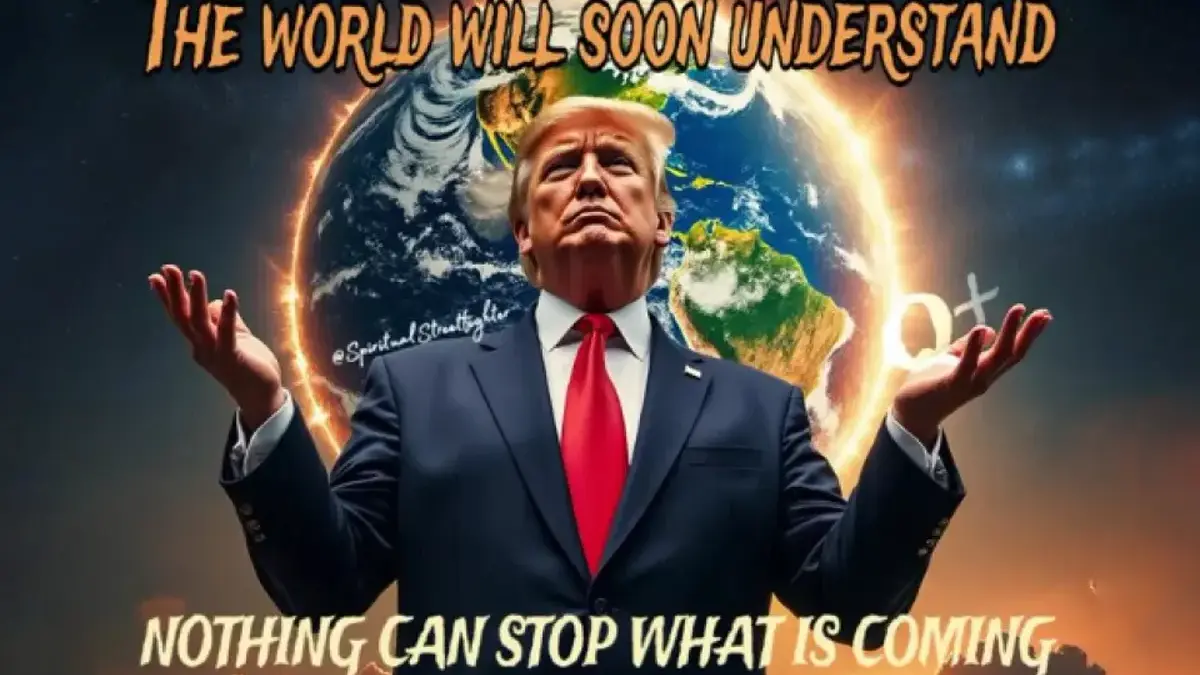 Donald Trump con le mani alzate davanti a un mappamondo stilizzato