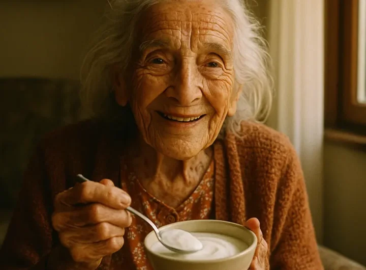Donna anziana sorridente che tiene in mano una ciotola di yogurt