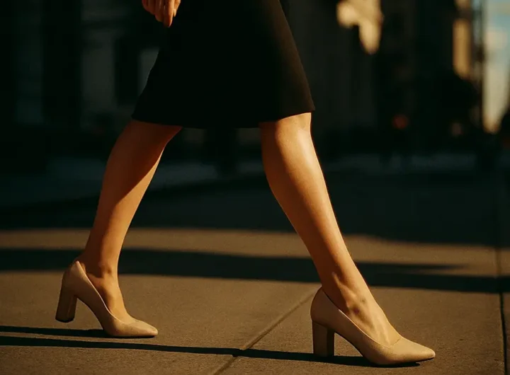 Donna che cammina con eleganza indossando un paio di tacchi alti su una strada di città