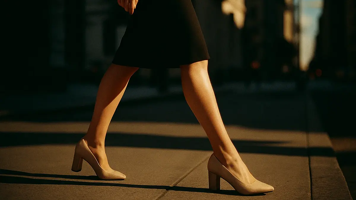 Donna che cammina con eleganza indossando un paio di tacchi alti su una strada di città