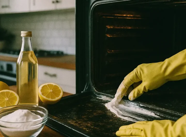 Donna che pulisce interno di un forno incrostato usando una pasta naturale di bicarbonato e una spugna