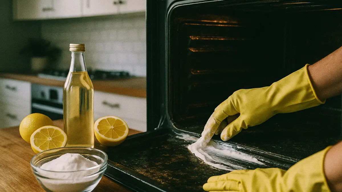 Donna che pulisce interno di un forno incrostato usando una pasta naturale di bicarbonato e una spugna