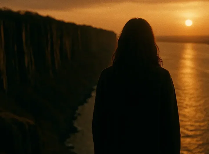 Donna escursionista guarda un panorama da una scogliera rocciosa