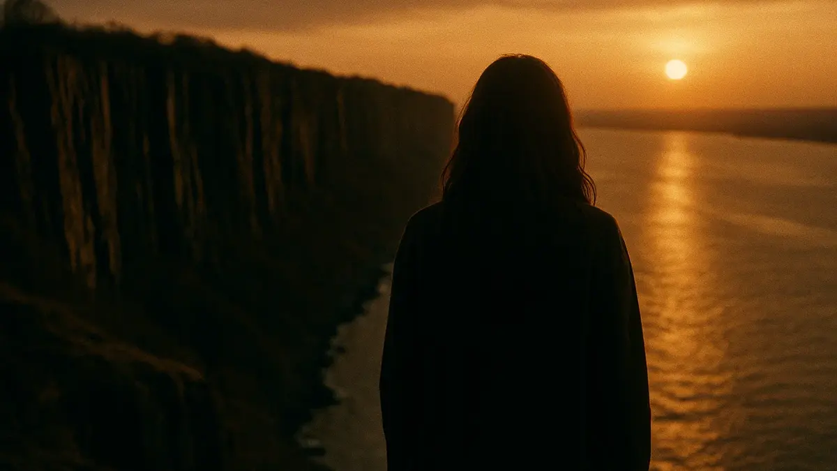 Donna escursionista guarda un panorama da una scogliera rocciosa