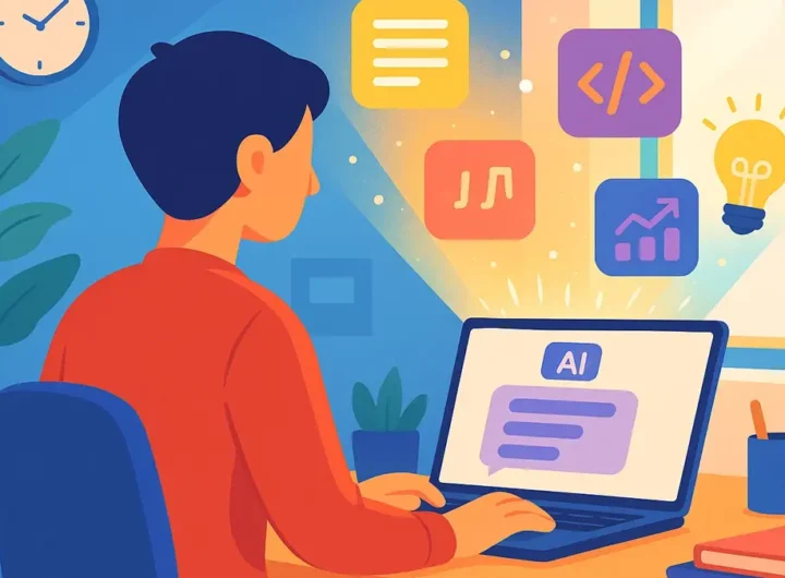 Donna sorridente al computer che interagisce con interfaccia di ChatGPT