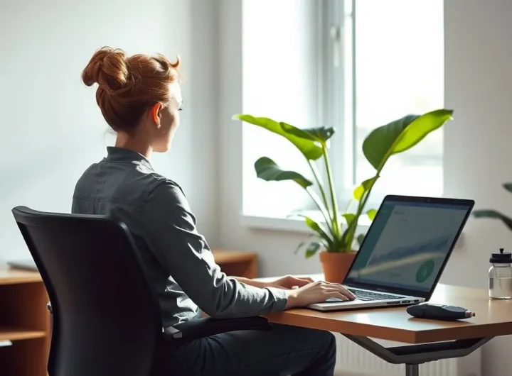 Donna sorridente lavora al computer da casa