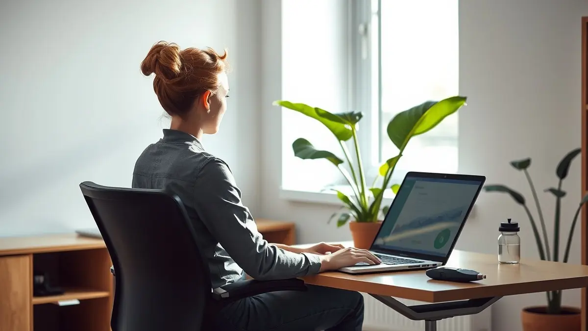 Donna sorridente lavora al computer da casa
