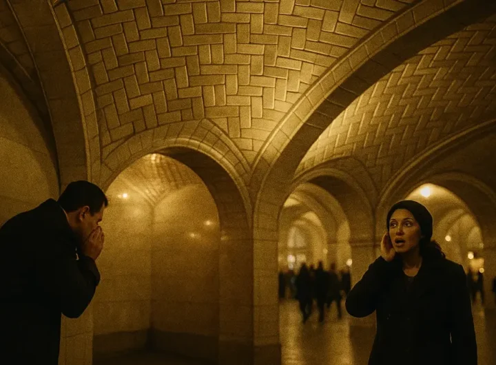 Due persone agli angoli opposti della Galleria dei Sussurri a Grand Central Terminal