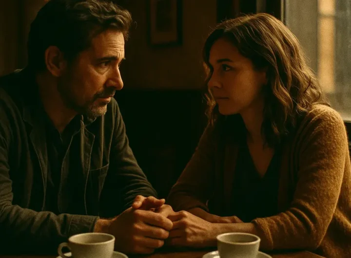 Due persone sedute a un tavolino di un caffè si guardano intensamente