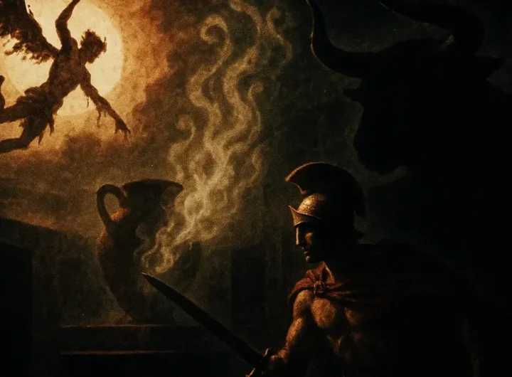 Eroi e creature della mitologia greca antica in una rappresentazione artistica.