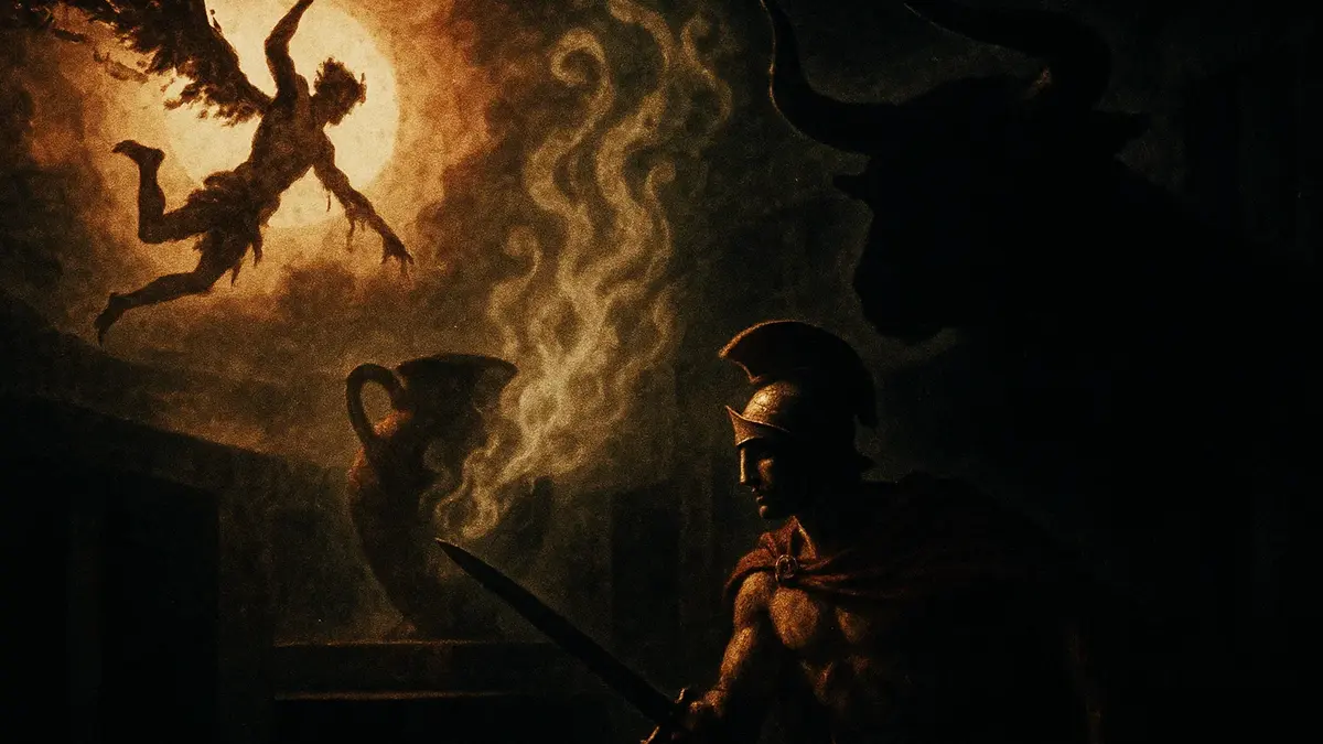 Eroi e creature della mitologia greca antica in una rappresentazione artistica.