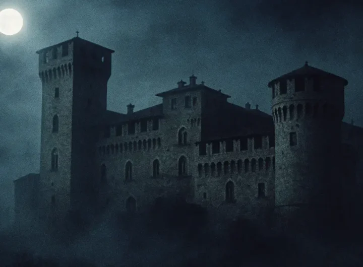 Foto suggestiva di un vecchio castello italiano avvolto nella nebbia