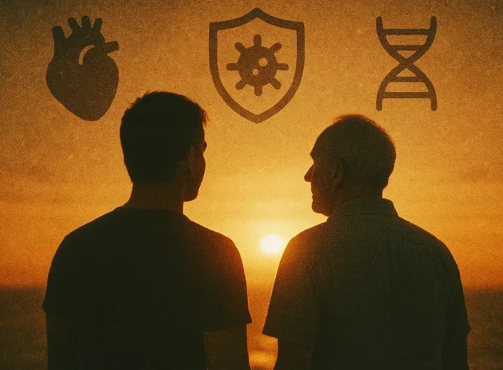 Grafico che illustra la linea della vita umana con due picchi evidenziati alle età di 44 e 60 anni