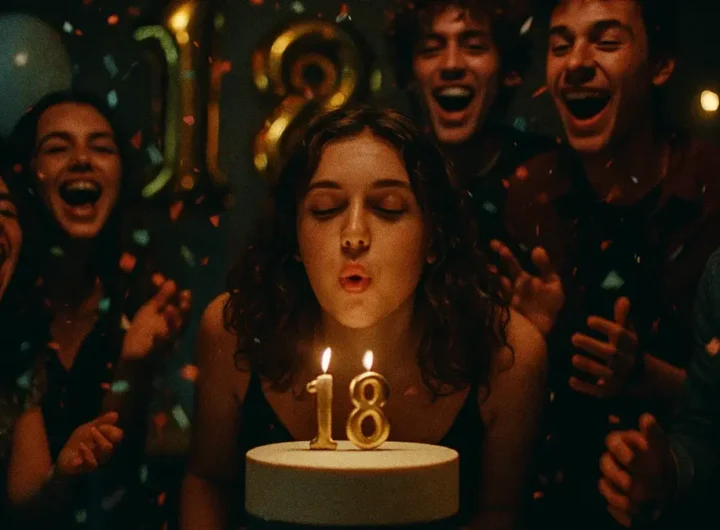 Gruppo di giovani amici che festeggiano un diciottesimo compleanno lanciando coriandoli