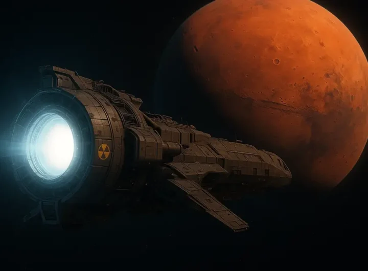 Illustrazione artistica di un razzo a propulsione nucleare in viaggio nello spazio profondo con il pianeta Marte sullo sfondo