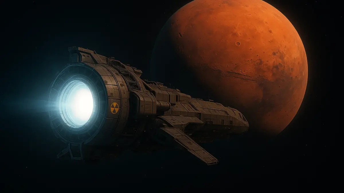 Illustrazione artistica di un razzo a propulsione nucleare in viaggio nello spazio profondo con il pianeta Marte sullo sfondo