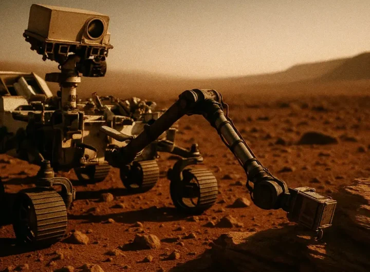 Illustrazione del rover Perseverance della NASA che analizza una roccia marziana