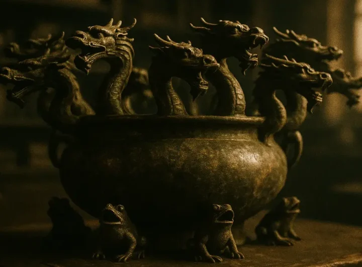 Illustrazione del sismoscopio di Zhang Heng con draghi in bronzo e rane alla base