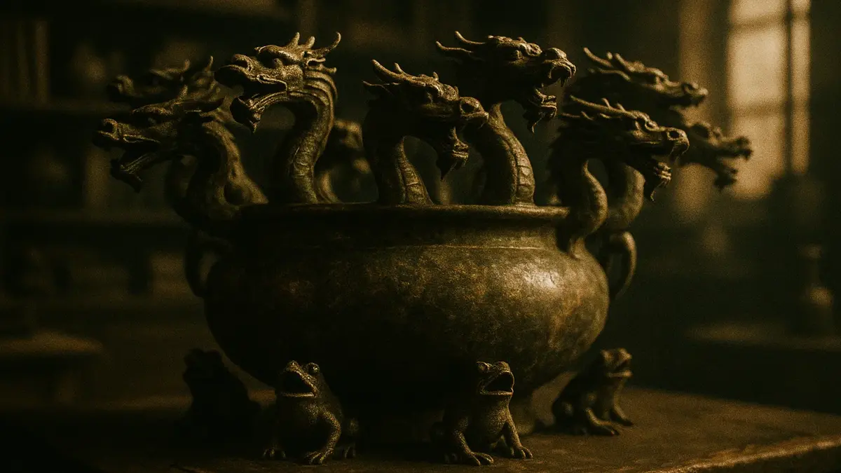 Illustrazione del sismoscopio di Zhang Heng con draghi in bronzo e rane alla base