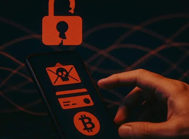 Illustrazione di un lucchetto digitale spezzato su uno schermo di smartphone che mostra icone di email e carte di credito