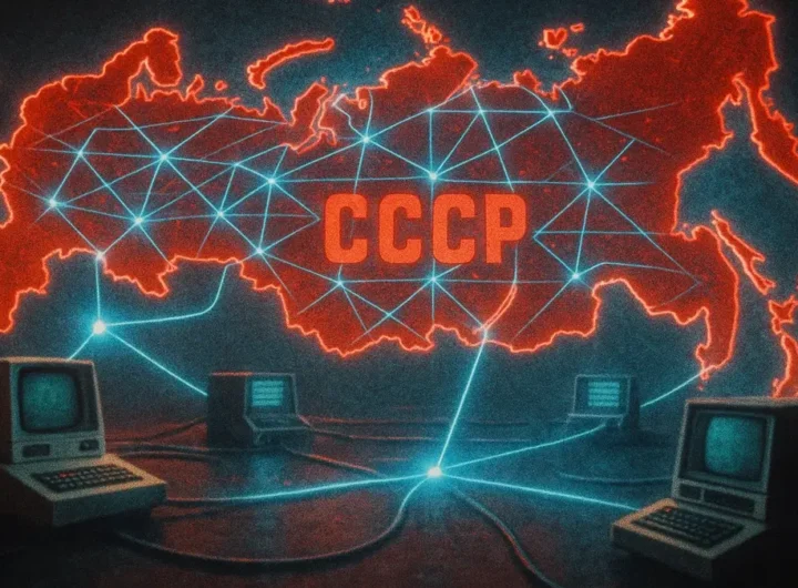 Illustrazione digitale stilizzata di una rete di computer con simboli sovietici