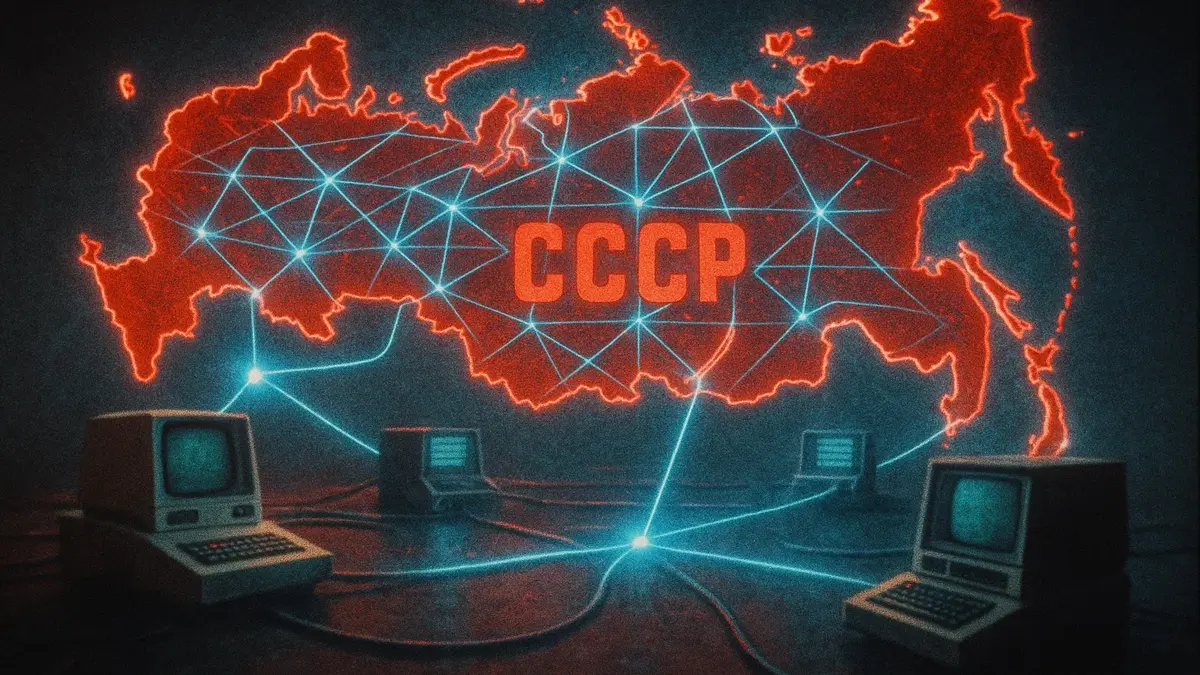 Illustrazione digitale stilizzata di una rete di computer con simboli sovietici