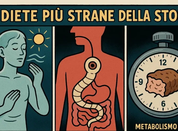 Illustrazione scientifica degli effetti metabolici delle diete estreme come la dieta della tenia e il breatharianismo