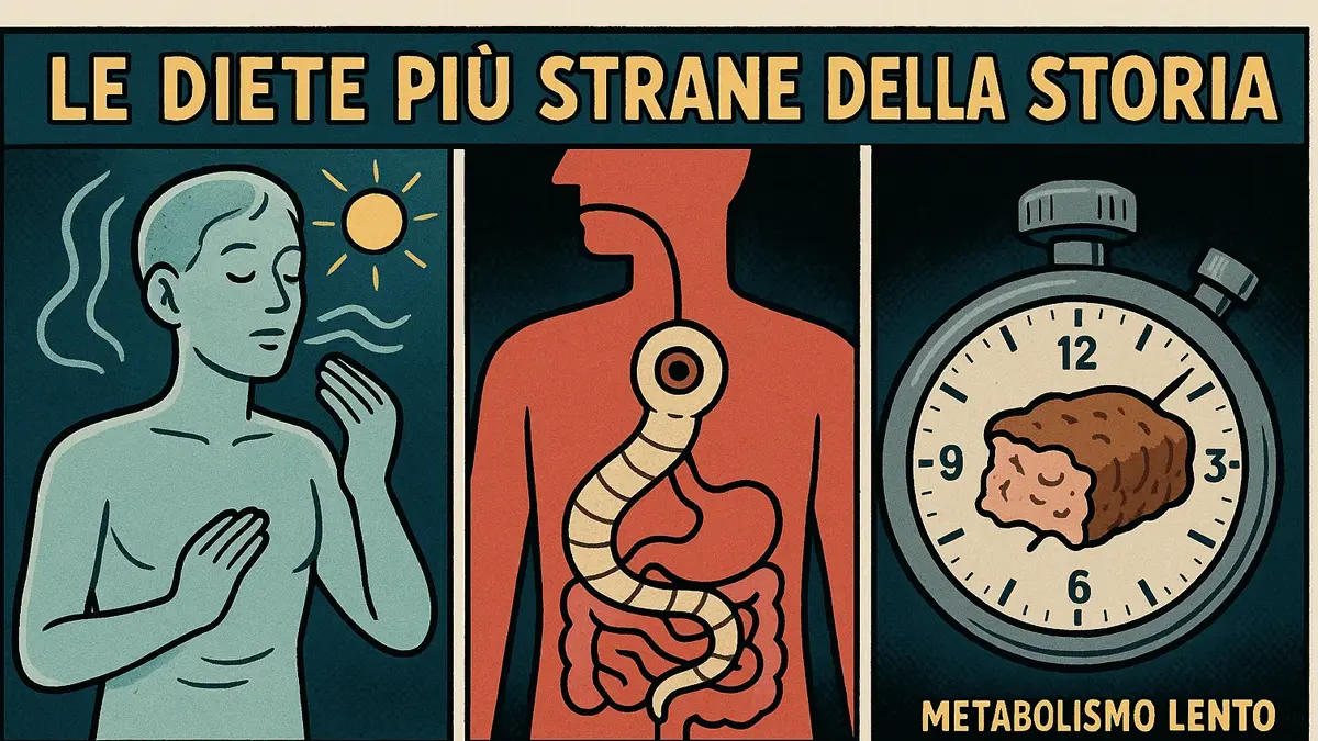 Illustrazione scientifica degli effetti metabolici delle diete estreme come la dieta della tenia e il breatharianismo