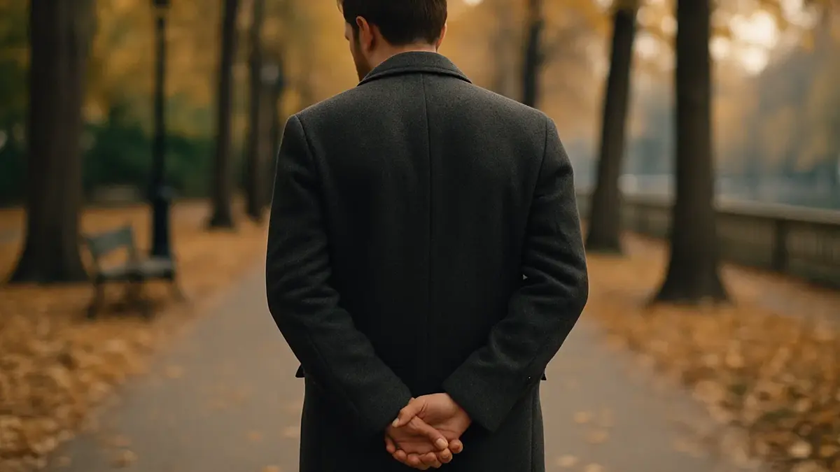 Immagine di profilo di una persona in abiti formali che cammina in un ambiente urbano con le mani intrecciate dietro la schiena