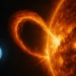Immagine di un imponente eruzione solare che si proietta nello spazio