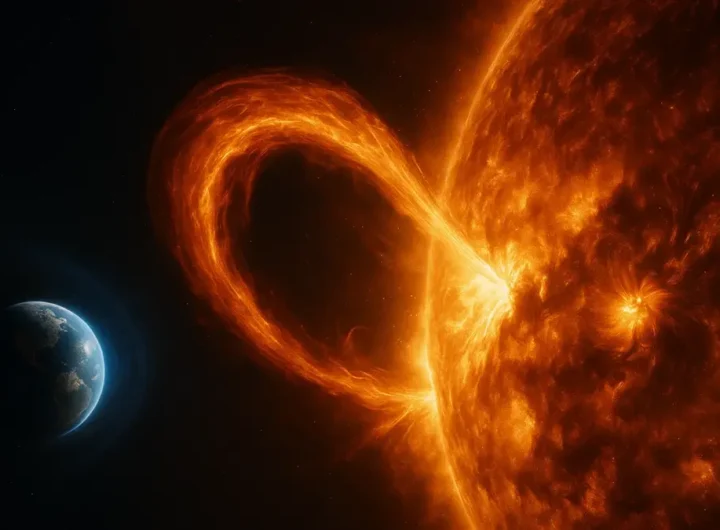 Immagine di un imponente eruzione solare che si proietta nello spazio