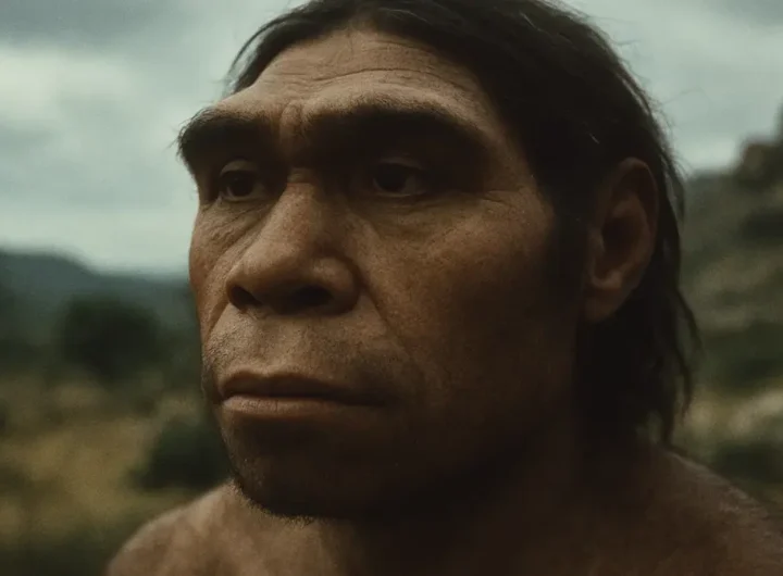 Immagine di una ricostruzione facciale di un ominide preistorico