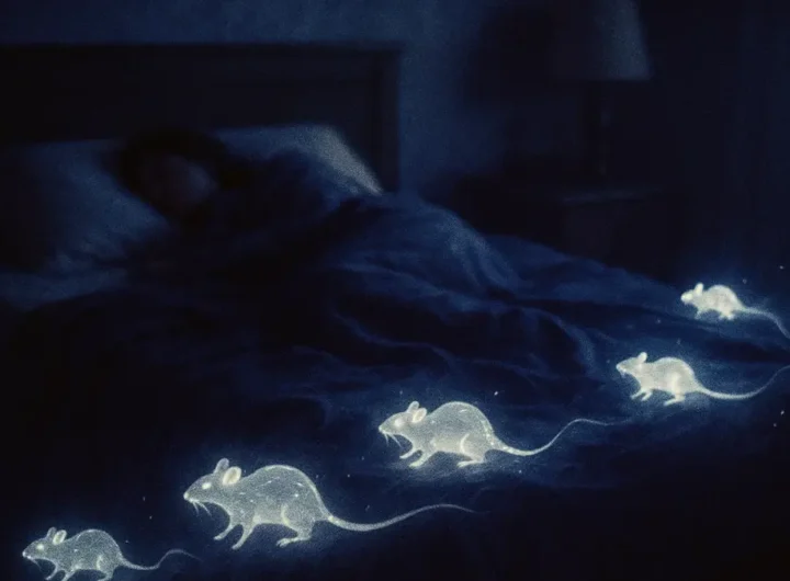 Immagine onirica che rappresenta una persona che dorme mentre piccole sagome di topi emergono dalla penombra
