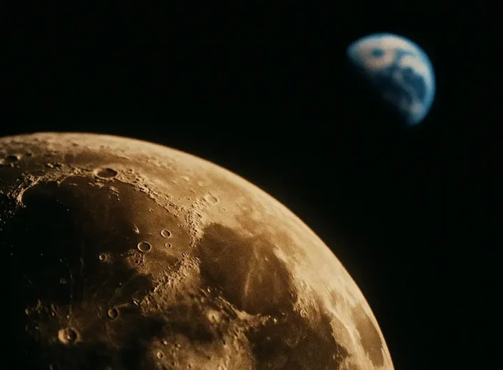 La Luna vista dallo spazio con la Terra sfocata sullo sfondo