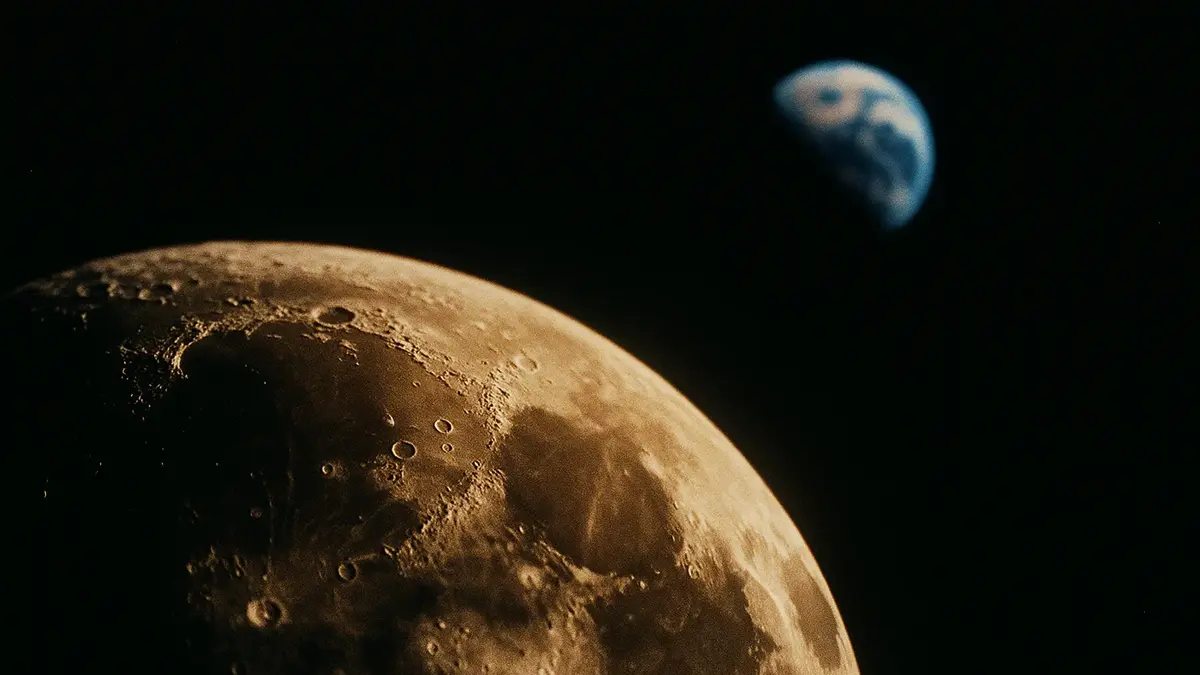 La Luna vista dallo spazio con la Terra sfocata sullo sfondo