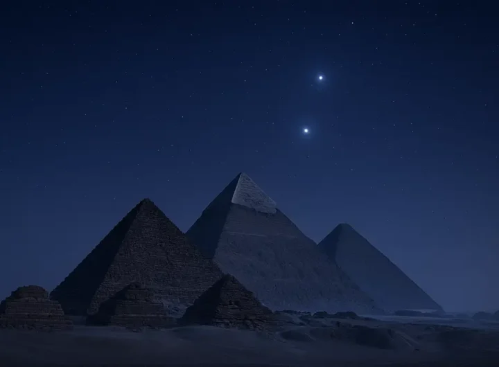 Le tre piramidi di Giza al crepuscolo con la costellazione di Orione visibile nel cielo stellato