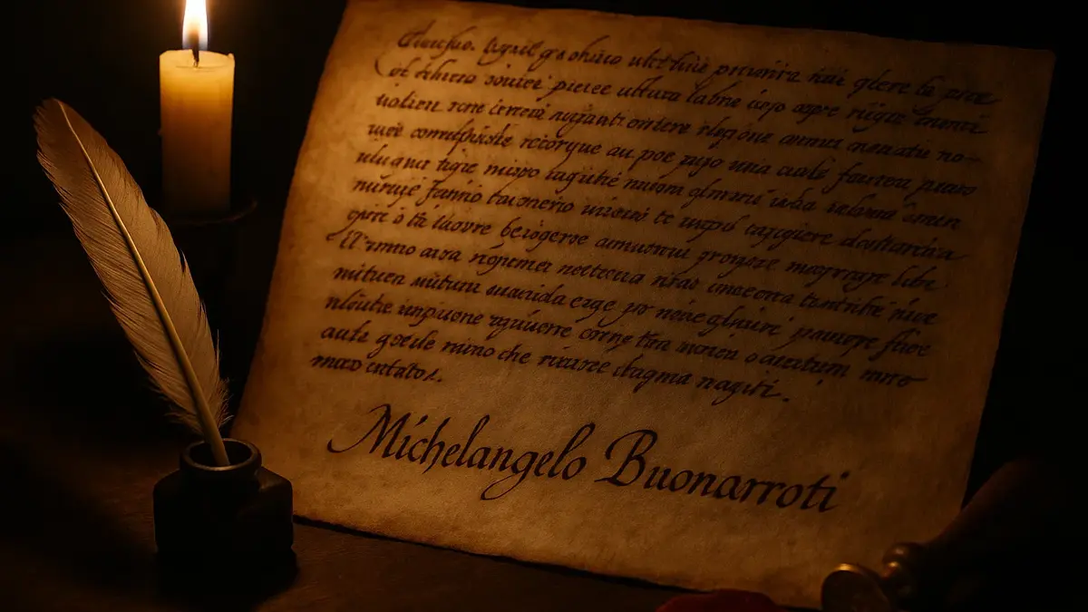 Lettera cinquecentesca scritta a mano da Michelangelo Buonarroti su un tavolo di legno