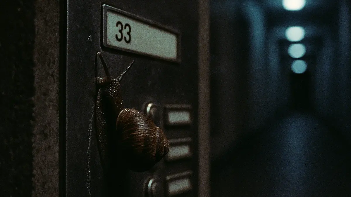 Lumaca notturna che striscia su un pannello di campanello condominiale in metallo