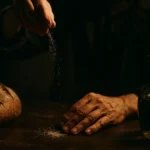 Mani che compiono un antico gesto scaramantico gettando sale su un tavolo di legno rustico