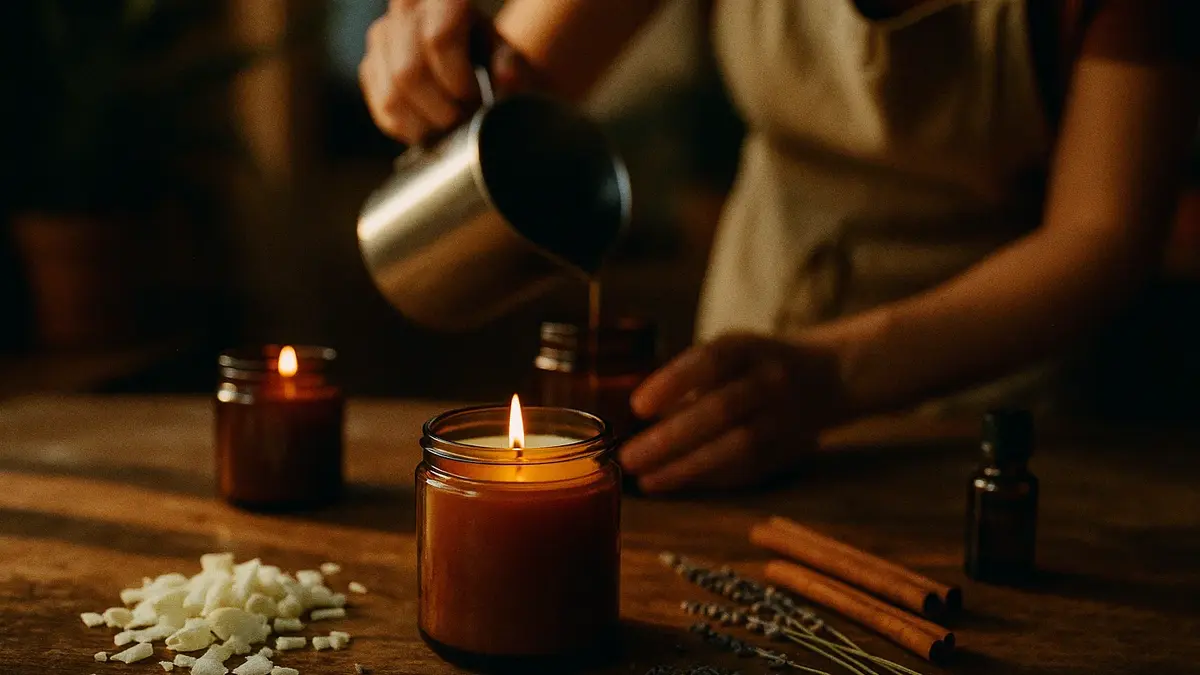 Mani che versano lentamente cera di soia fusa da un pentolino in un barattolo di vetro