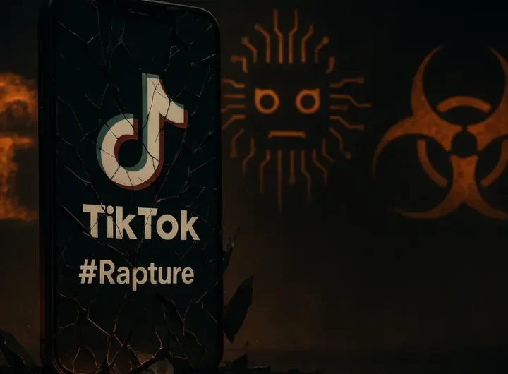 Mappa concettuale di TikTok che si dissolve di fronte a icone scientifiche di rischio esistenziale