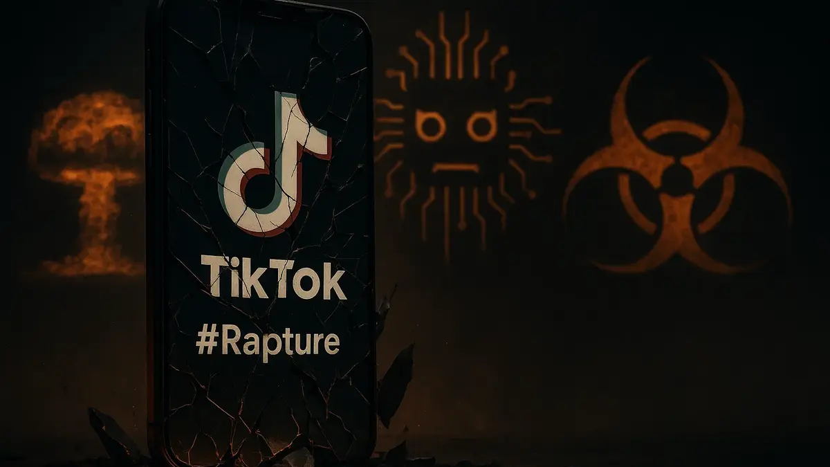 Mappa concettuale di TikTok che si dissolve di fronte a icone scientifiche di rischio esistenziale